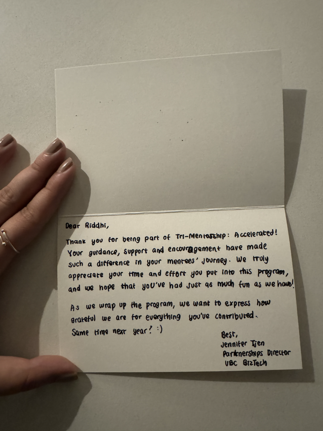 Mentorship recognition letter from UBC BizTech